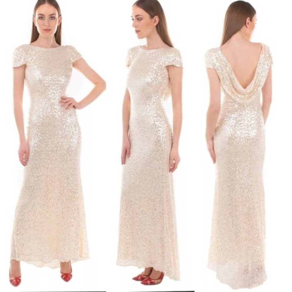 Badgley Mischka Formal Gown Size 4 Champagne Sequined Draped Cowl‎ Back Maxi